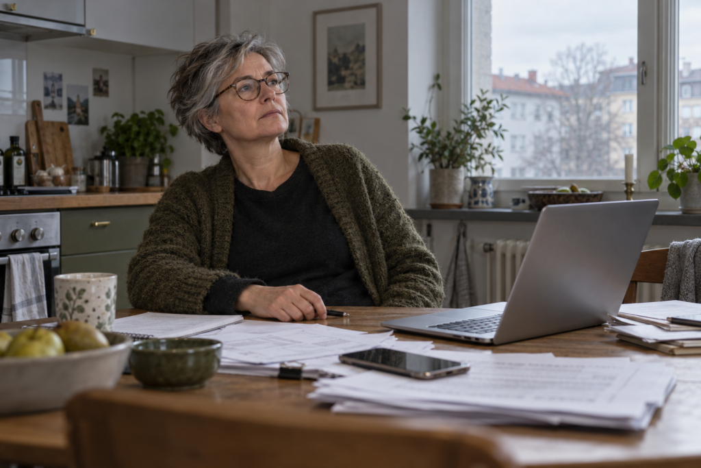 Eine Frau nimmt sich am Küchentisch einen Moment Abstand von Laptop und Unterlagen – KI-generiertes Themenfoto.