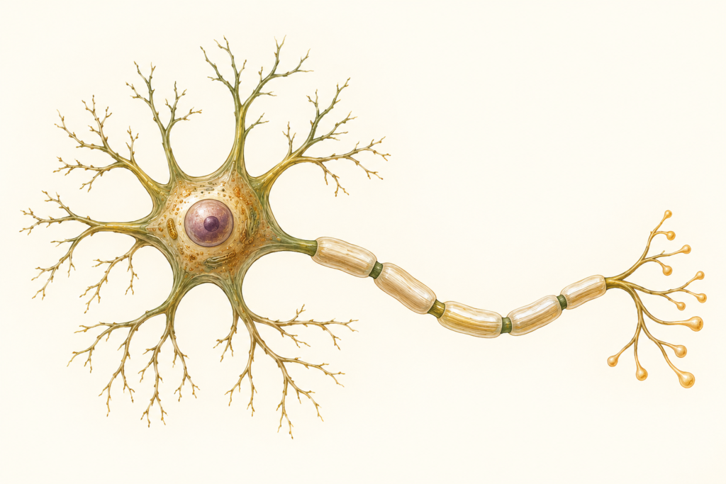Schematische Illustration einer Nervenzelle mit Dendriten und myelinisiertem Axon – KI-generiert.