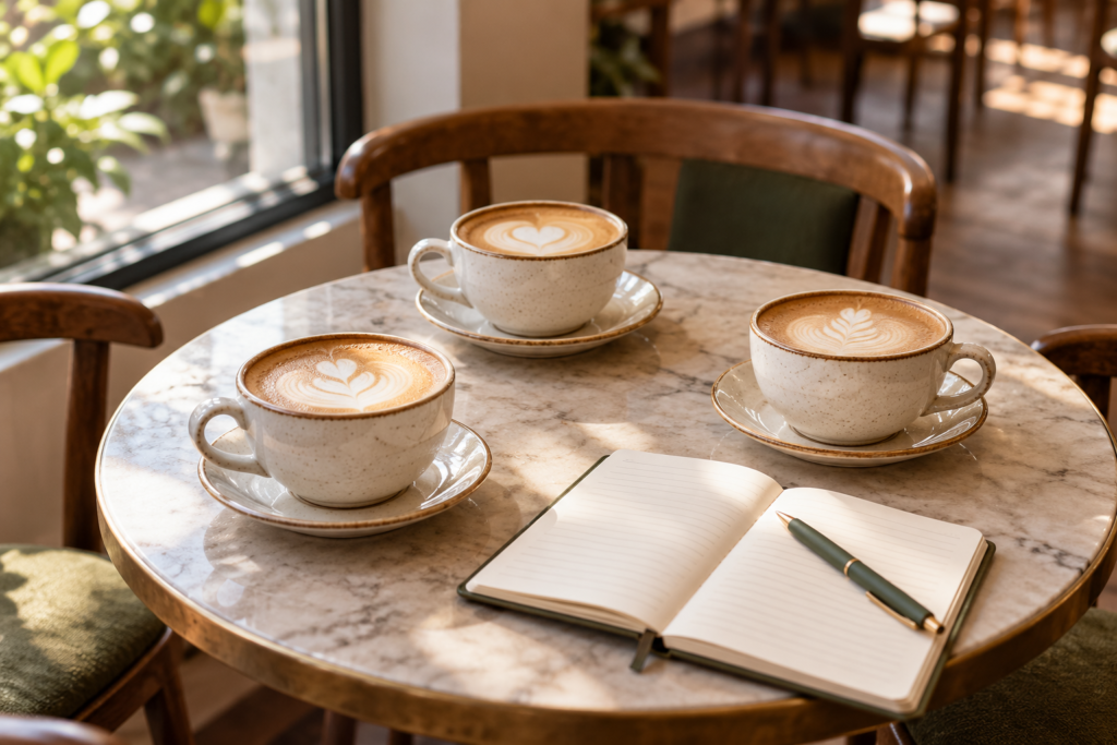 Drei Cappuccinos und ein Notizbuch auf einem Cafétisch – KI-generiertes Themenbild.