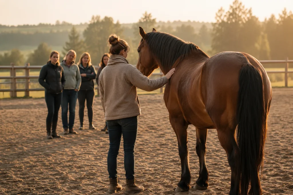Eine Gruppe beobachtet eine Begegnung zwischen einer Person und einem Pferd – Symbolbild