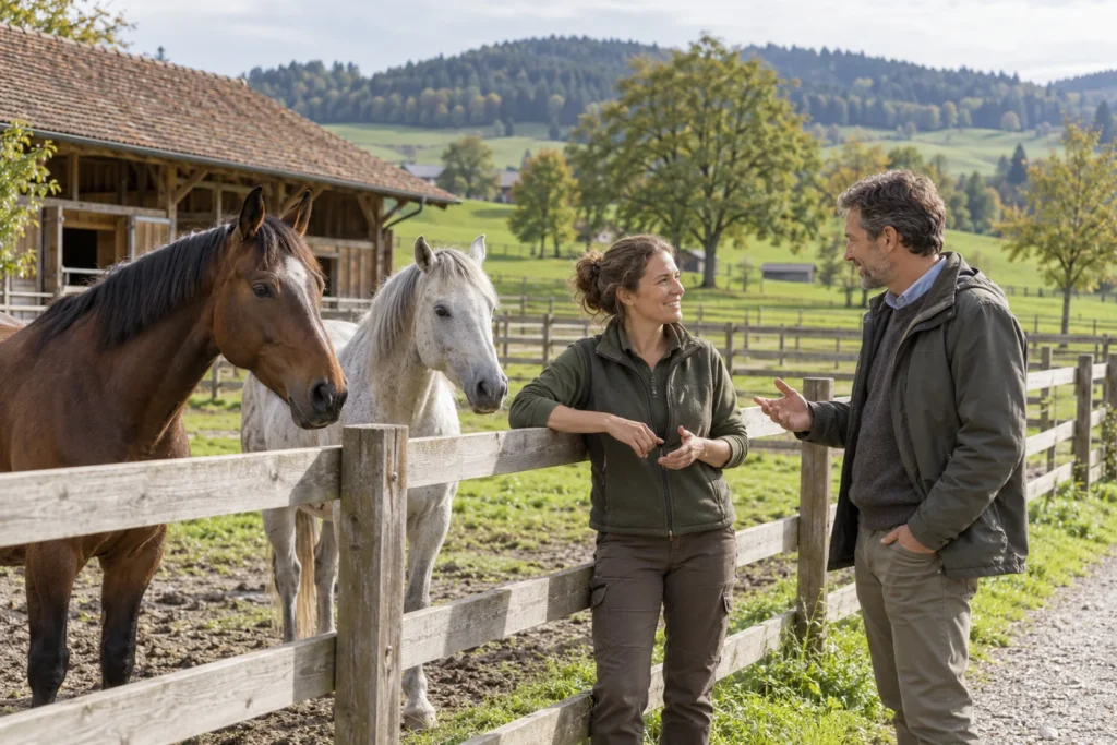 KI-generiertes Symbolbild eines Schweizer Pferdebetriebs: Holzstall, grüne Koppeln, zwei Pferde und zwei Erwachsene im Gespräch.